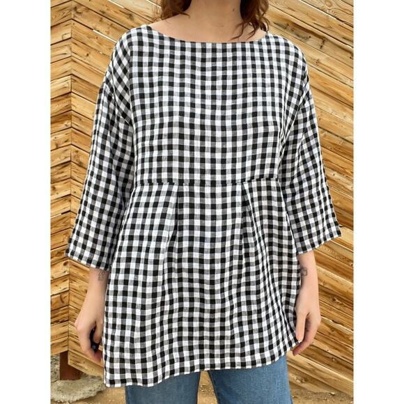 Eileen Fisher Tops - SOLD Eileen Fisher Linen Gingham 3/4 Sleeve Blouse